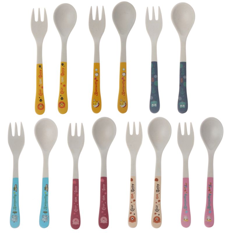2pcs/Set Bamboo Fiber Environmental Protection Creative Cute Spoon Fork Children Gift Tableware Baby Spoon Fork Hot