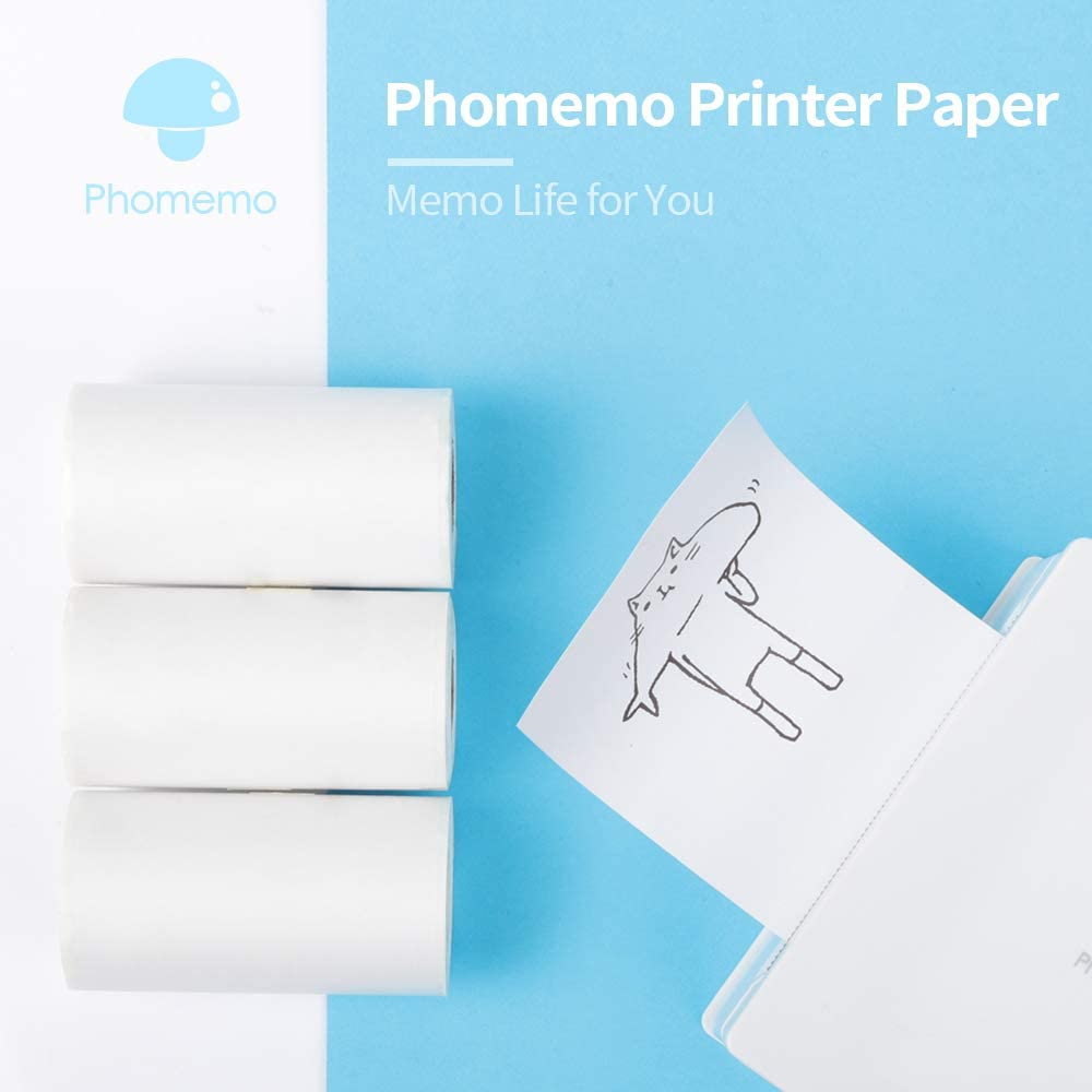 Phomemo White Self-Adhesive Thermal Paper with One Phomemo M02 Paper Holder 3 Rolls Paper 50mm x 3.5m Diameter 30mm Photo Paper