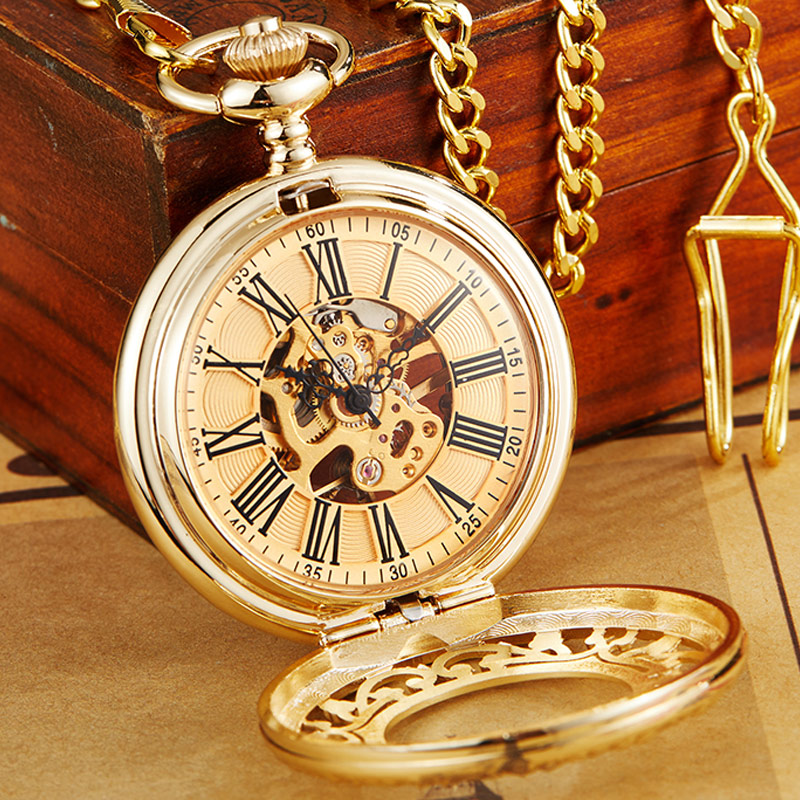 Antique Gold Mechanical Pocket Watch With Chain Steampunk Skeleton Hollow Hand-winding Pendant Clock Men Women Gold Bronze Gift