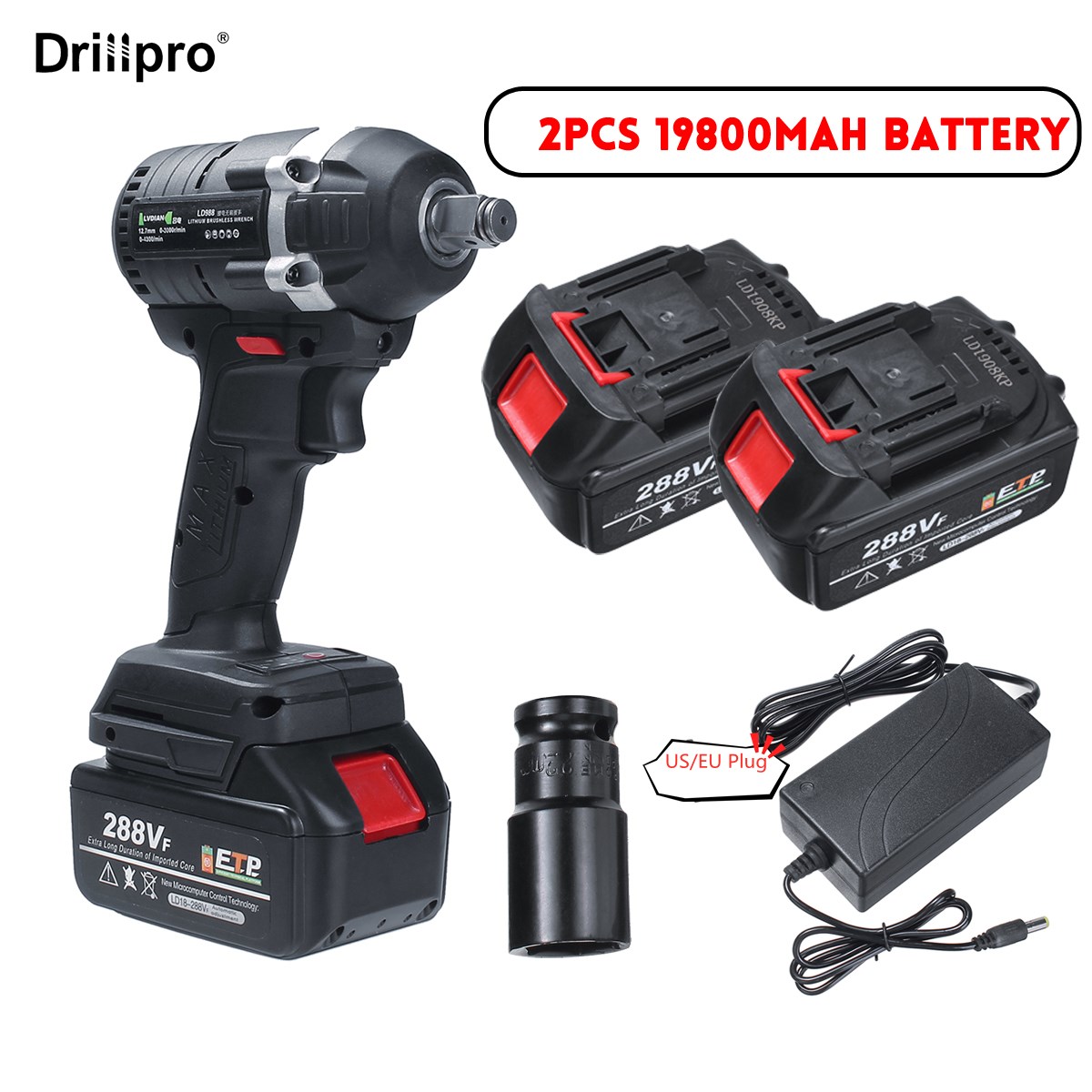 Drillpro 630N.m 288VF Cordless Electric Impact Wrench Powerful Tool 3 IN 1 Switch Brushless Built-in LED Wrench With 2Batteries