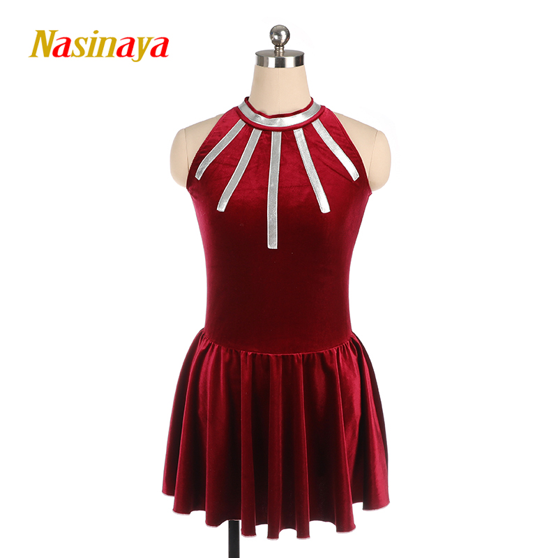 Figure Skating Costume Dress Ice Skating Skirt for Girl Women Kids Customized Wine Red Purple Velvet Silver Belt 12 Colors