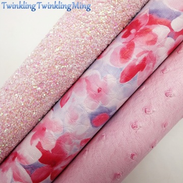 PINK Glitter Fabric, Ostrich Synthetic Leather, flowers Printed Faux Fabric Sheets For Bow A4 21x29CM Twinkling Ming XM005E