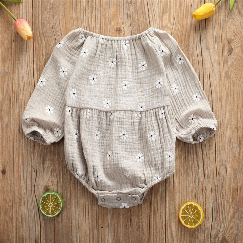 Baby Spring Autumn Clothing Infant Newborn Baby Girls Bodysuit Cotton Linen Clothes Outfit Flower Print Baby Jumpsuit Playsuit