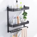 Towel Hanger Wall Mounted Towel Rack Bathroom Towel Holder Aluminum Black Towel Bar Rail Matte Black Shampoo Storage Holder