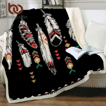 BeddingOutlet Sherpa Fleece Blanket Bohemian Throw Blanket Black Ethnic Feathers Plush Blanket Tribal Bedding Mantas De Cama