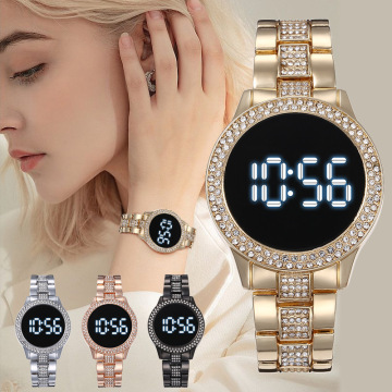 Luxury Ladies Rhinestone LED Digital Watch Simple Hardex Round Dial Alloy Strap Women Fashion Watches Wristwatch LE01