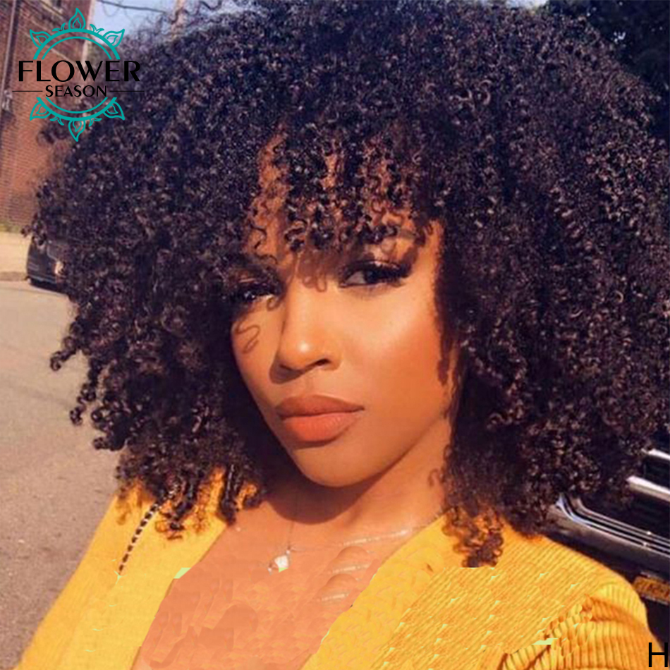 Afro Kinky Curly Wig Brazilian Human Hair Wigs with Bangs Full Machine Made Scalp Base Top Wig 180% For Black Wmen Flowerseason