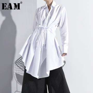 [EAM] Women White Bandage Asymmetrical Long Blouse New Lapel Long Sleeve Loose Fit Shirt Fashion Tide Spring Autumn 2021 A536