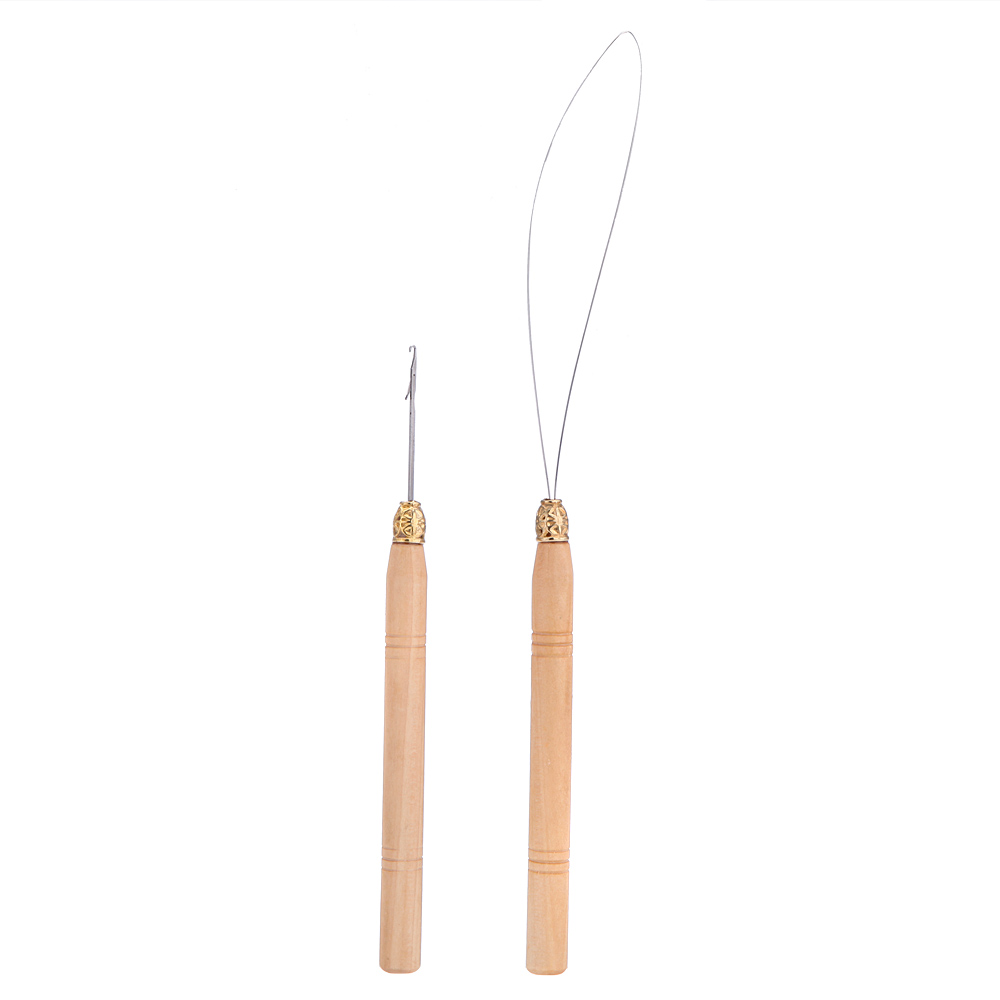 Fashion 2Pcs Hair Extension Hook Pulling Tool Needle Threader Micro Ring Beads Loop Wooden Handle With Iron Wire Hotting