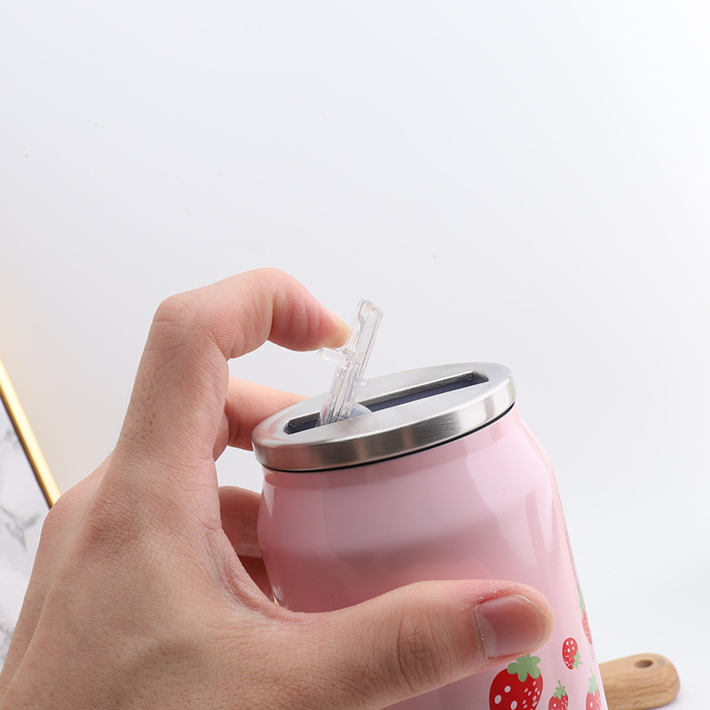 Creative Korean Version of Pink Strawberry Thermos Girl Student Children Cute Portable Can Water Bottle Cup