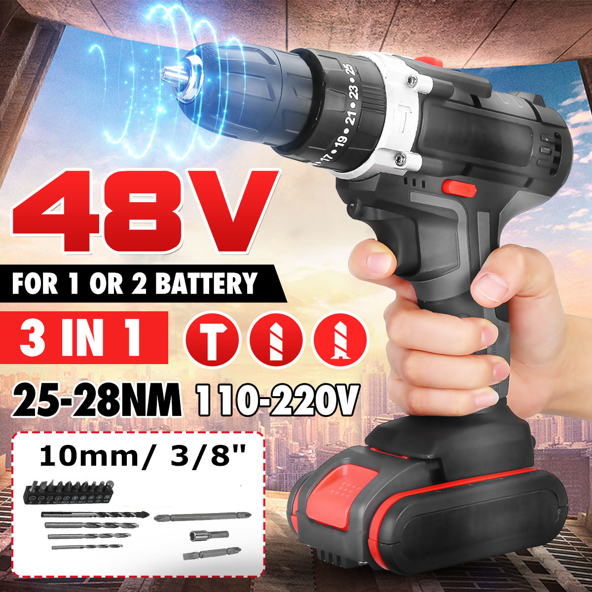 48V 3 in 1 Cordless Electric Drill Screwdriver 2 Speed 25+3 Turque Wireless Power Driver Tools Set with 2 x 6000MAH Battery