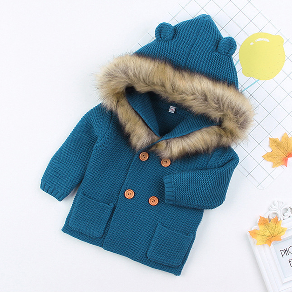 Newborn Baby Boys Girls Coat Outwear Autumn Winter Clothes Long Sleeve Fur Hooded Knitting Sweater Tops Toddler Baby Clothing