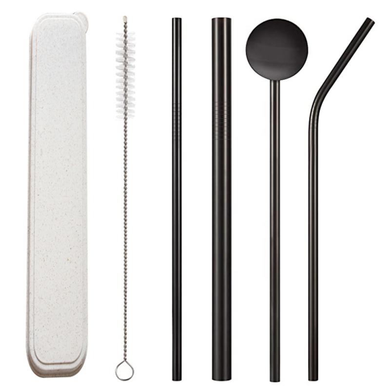 6PCS Metal Straw Set Stainless Steel Drinking Straw With Brush Spoon Straw Set & 100PCS Eco-Friendly Disposable Wheat Straws
