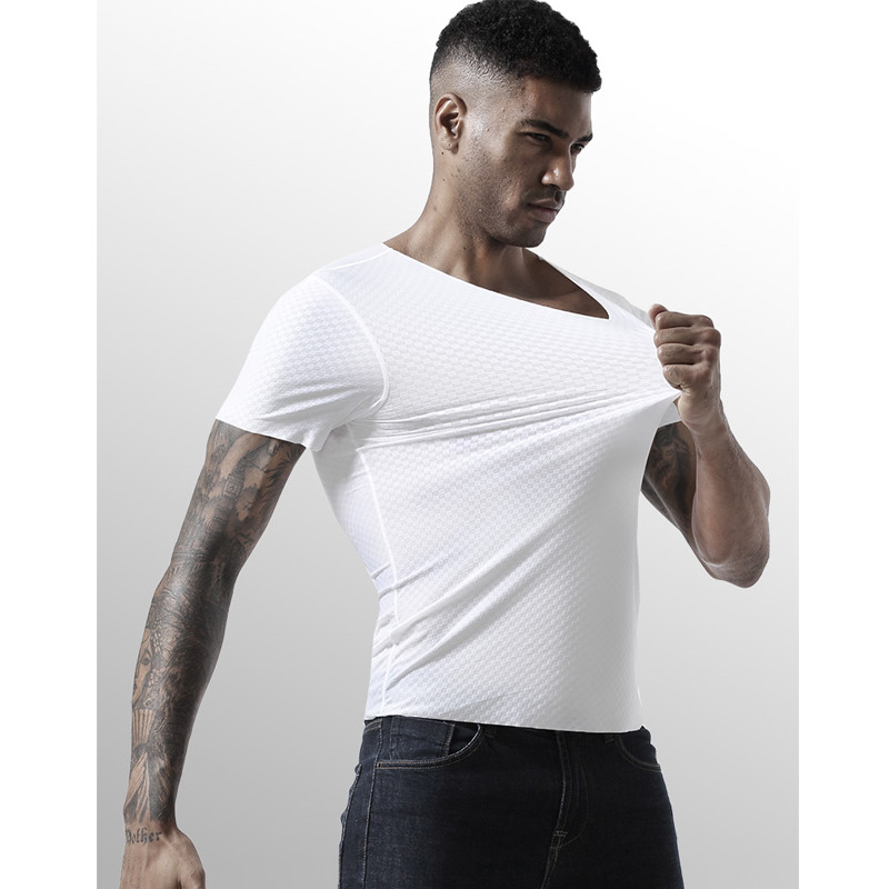 All-match Men's V-neck Thin Half-sleeved T-shirt Gentleman's Stretch Slim Summer Top Ice Silk Undershirt Seamless Short-sleeved