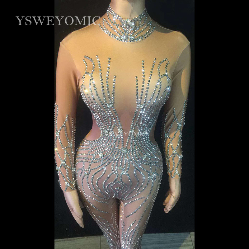 Shiny Rhinestones Nude Jumpsuit Sexy Performance Bodysuit Female Singer Rompers Stage Wear Birthday Dance Wear Stretch Outfit