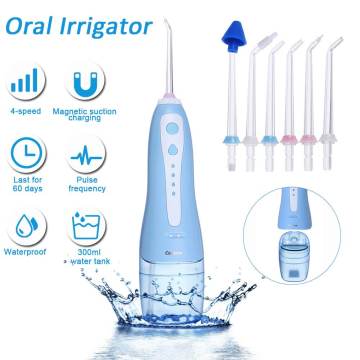 Oral Irrigator Tooth Irrigator Dental Portable Irrigator Water Flosser for Teeth USB Tooth Cleaner with 6 Jet Tips 300ML Tank