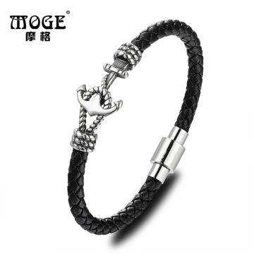 MOGE Trendy Black Anchor Genuine Leather Bracelets Men Cool Stainless Steel Leather Bracelets&Bangles Male Female Bracelets