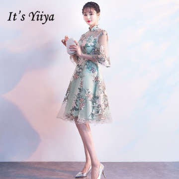 It's YiiYa Luxury Light Green Half Sleeve Floral Print Lace Cocktail Dress Knee-Length Formal Dress Party Gown MX022