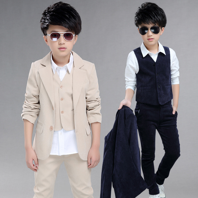 2019 wedding Boys suit Outfits Autumn blue/khaki Clothing sets Boys blazer suit Corduroy Occasion Formal Suits jacket+vest+pants