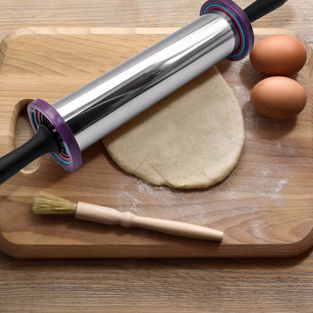 Realand Sturdy Stainless Steel Rolling Pin Non Stick Dough Roller with Adjustable Thickness Rings for Pizza Pastry Baking