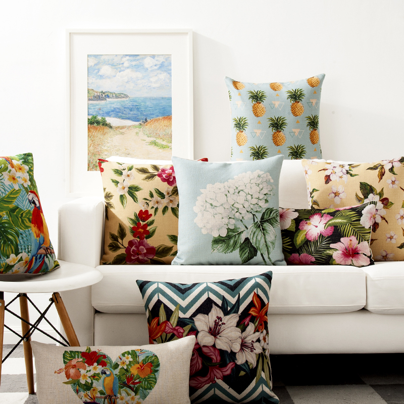 Cartoon Animal Bird Flowers Fruit Pineapple Case Home Decorative Pillow Thick Linen Pillowcase Sofa Cushion