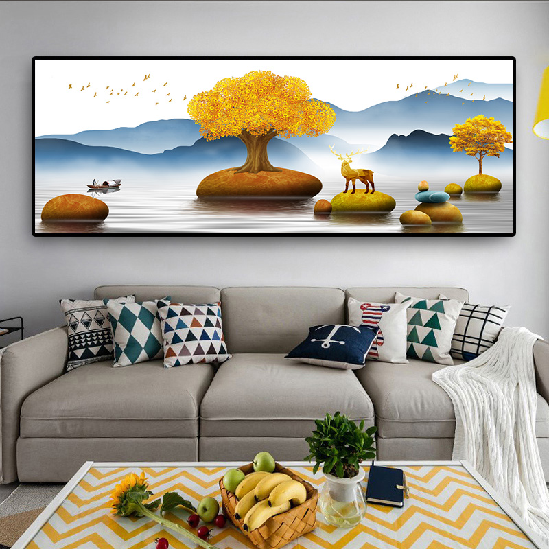 Modern Golden Abstract Landscape Art Golden Tree and Stone Pictures Painting Wall Art for Living Room Home Decor (No Frame)