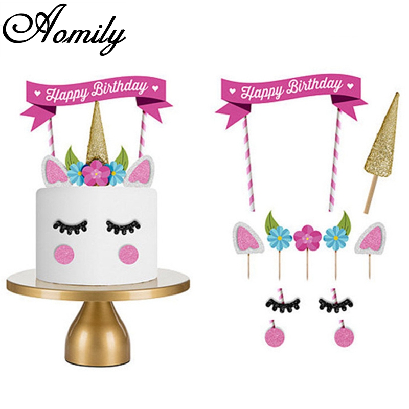 Aomily 1 Set Handmade Pink Unicorn Party Cupcake Decoration Happy Birthday Party Flag Baby Children Party Decor Cake Decor Tools