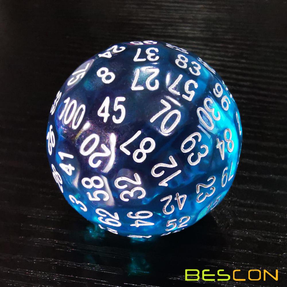 Bescon Translucent Blue Polyhedral Dice 100 Sides, D100 dice, 100 Sided Cube, Transparent D100 Game Dice