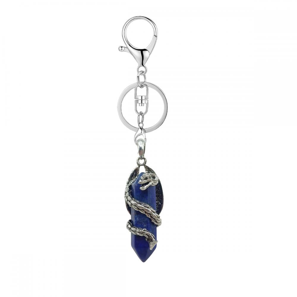 Gemstone Double Hexagonal Prism Wrapped Silver Dragon Stone Key Chains Vintage Crystal Dragon Charm Keychain Key Ring Gift