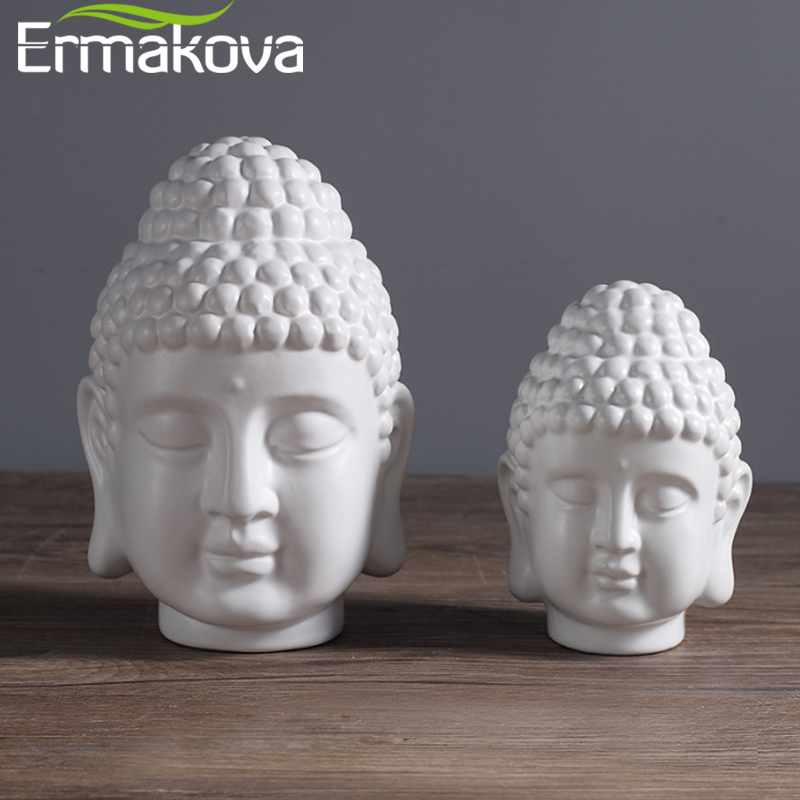 ERMAKOVA White Ceramic Buddha Head Sculpture Handmade Pottery Figurine Statue Home Decoration Buddha Altar Meditation Zen Gift