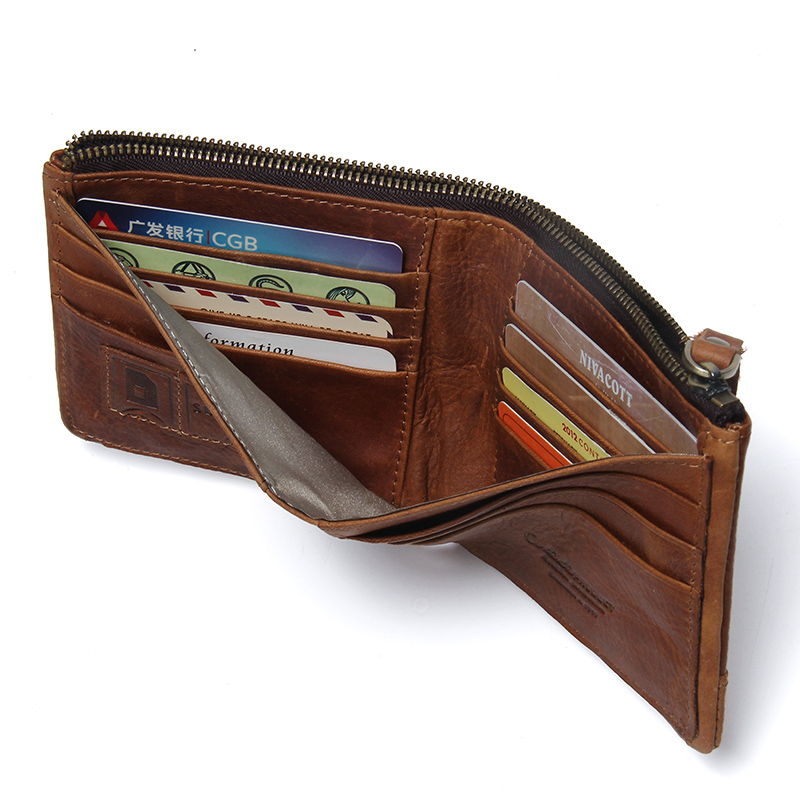 CONTACT'S Men's RFID-Blocking Bifold Wallet Genuine Leather Zipper Purses Vintage Brand New Money Bag Card Holder Short Wallet