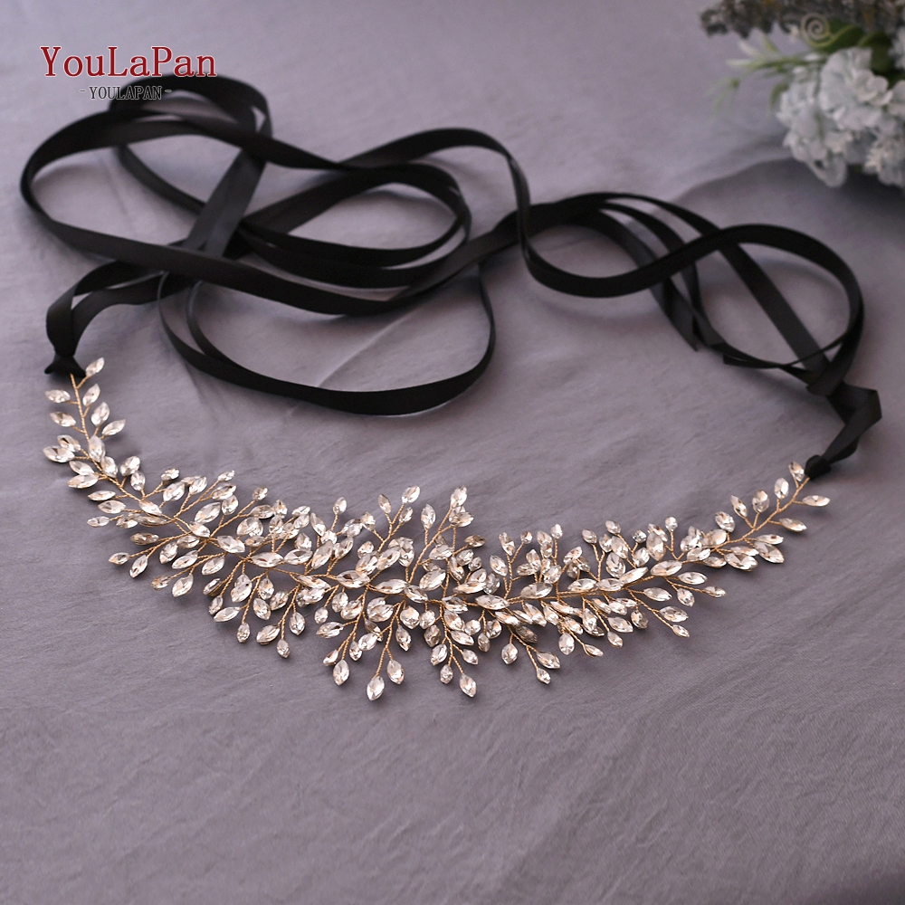 YouLaPan SH237-G Golden Bridal Belt with Rhinestone Fashion Bead Belt Thin Sash Belt Western Belts Wedding Applique Sash Belt
