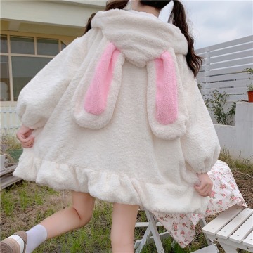 Japanese Style Autumn Winter Women Sweet Warm Jacket Kawaii Soft Lambswool Ruffles Rabbit Ears Hooded Coats Girls Parkas Outwear