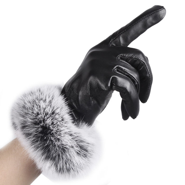 New Arrival Winter Gloves Women Touch Screen Waterproof Outdoor Leather Lady Black Leather Gloves Winter Warm Rabbit Fur Mittens