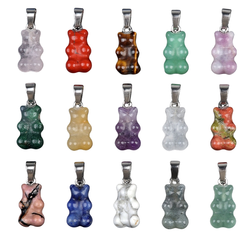 Natural Stone Pendant Gemstone Crystal Carved Bear Charm Pendants for DIY Jewelry Making