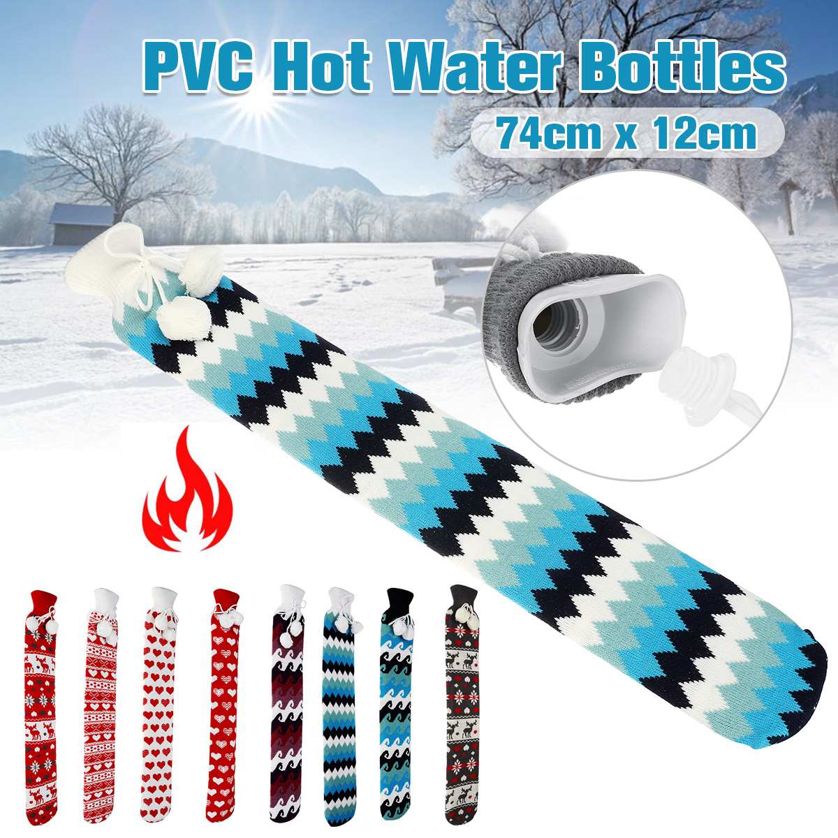 Cute 74 x 12cm Extra Long Winter Warm Hot Water Bottles With Knitted Removable Cover Warm Belly Portable Hot Water Bags