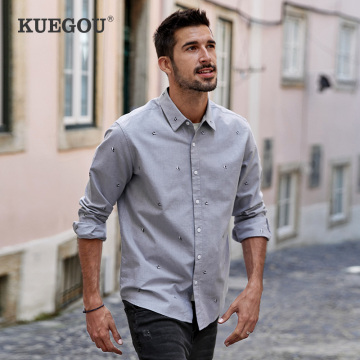 KUEGOU spring Autumn Men's Shirt Long Sleeve Gray fashion Shark fashion embroidery 100% Cotton Shirts men top Plus size BC-20511