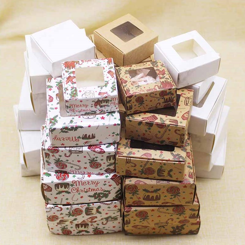 Window candy gift merry christmas print box10pcs 9x9x4cm/8x8x4cm gifts box with window Marbling style package box party suppiles