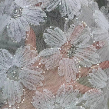 Fashion Soft Solid White 3d Flower Sequin Embroidery Mesh Lace Fabric For Dress Shirts, By The Yard