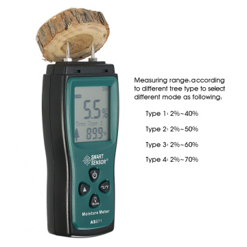 Wood Moisture Meter 4 kinds of Tree Type LCD Backlight Lumber Damp Meter Data Hold 2 Pin Probe Range 2%~70% AS971