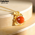 Uglyless Handmade Gold Ginkgo Leaves Agate Ginkgo Nuts Necklaces for Women Creative 925 Silver Plant Pendants + Chain 925 Silver