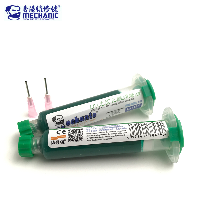 Original MECHANIC 10ML GREEN UV SOLDER MASK PCB BGA PAINT PREVENT CORROSIVE ARCING Soldering Paste Flux Cream Welding Fluxes Oil