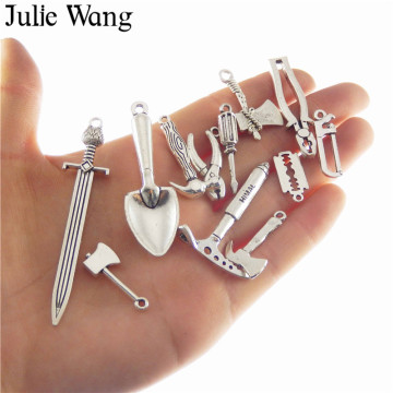Julie Wang 12pcs Mixed Tool Mini Pliers Ax Saw Shovel Hammer Charm Necklace Pendants DIY Jewelry Making Accessory
