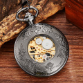 Unique Retro Hollow Black Dragon and Phoenix Pocket Watch Men Women Clock Skeleton Sculpture Steampunk Quartz Pocket Watch Chain