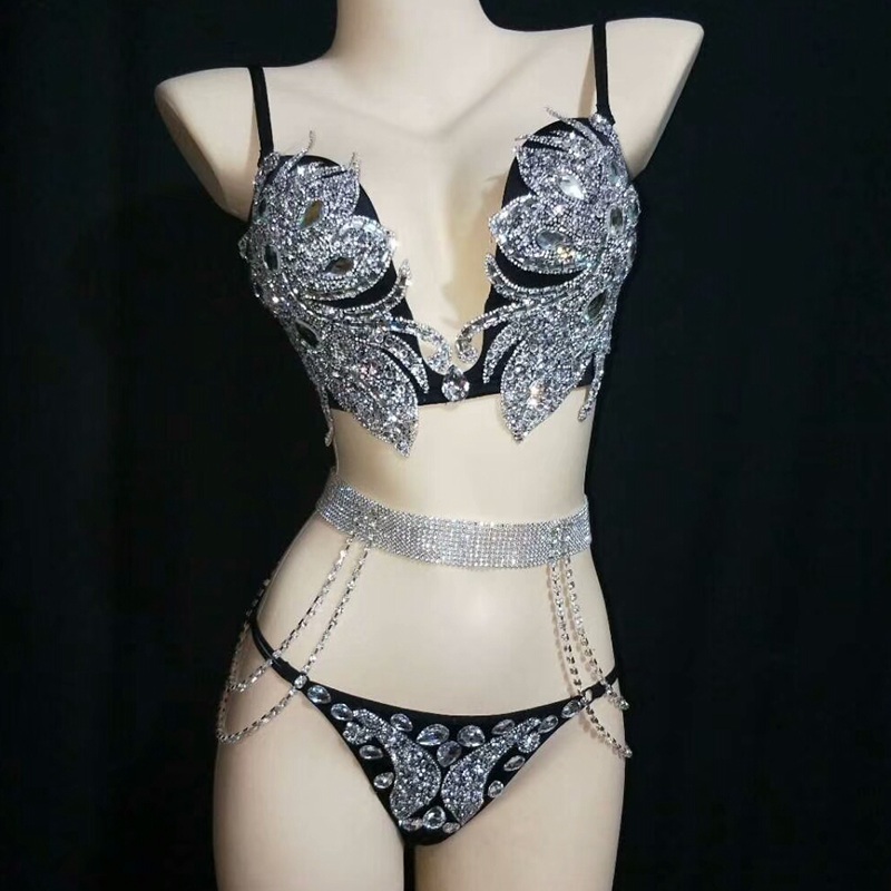 Sparkly Silver Crystals Bikini Set Sexy Bodysuit Women Nightclub Bar Outfit Performance Stage Wear Dance Costume Party Dress