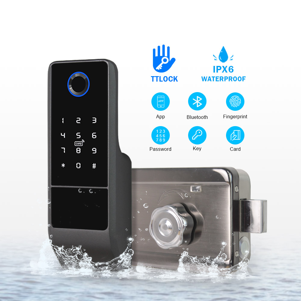 Freecan Waterproof Outdoor Smart Lock, IPX6 Fingerprint Door Lock Digital RFID Card Rim Lock