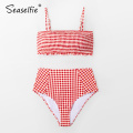 SEASELFIE Sexy Red Gingham Smocked Bikinis Set Swimwear Women Swimsuits Bathing Suit 2021 Bandeau High-waist Bikini Beachwear