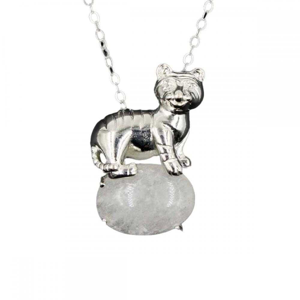 Gemstone with Silver Plated Tiger Charm Necklace with 18 inches Silver Chain Choker for Women Girl Anniversary Gift Mother