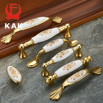 KAK Gold Flower Ceramic Cabinet Handles Zinc Alloy Drawer knobs Wardrobe Door Handles Fashion European Furniture Handle Hardware