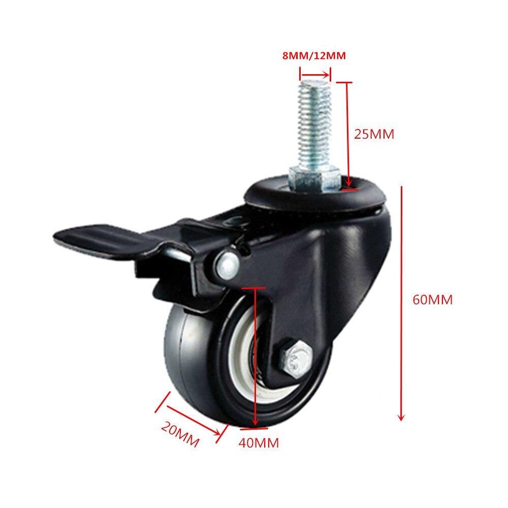 1.5 inch Swivel Casters Wheel 4pcs M8/M12 PU Rubber Swivel Casters with 360 Degree Each Wheel Capacity 50kg/110Lbs With Brake